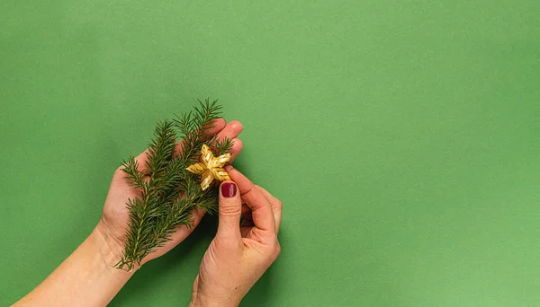 Weihnachtsspielzeugstern aus Naturmaterialien Tannenzweige in Frauenhand, Hände auf grünem Hintergrund. Weihnachten Null — Stockfoto