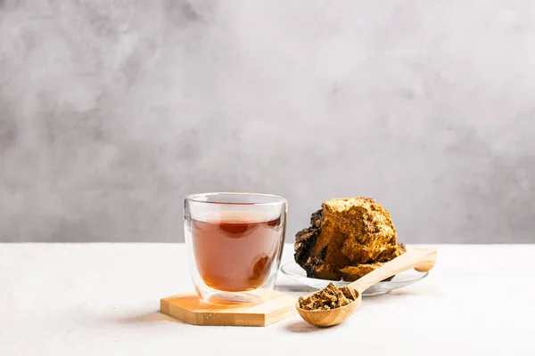 Curación de té de setas de abedul chaga en una tetera de vidrio. Bebida orgánica fondo gris antioxidante . — Foto de Stock