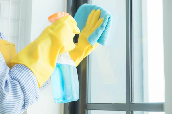 The cleaning staff uses a cloth and dust brush on the window surface with blinds and uses cleaning agents to kill germs and viruses.