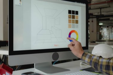 Mühendisler ve yaratıcı sanatçılar masa, iş, danışma, renk ve malzeme seçimi, ölçüm boyutu, serin renkler, yumuşak tonlar ve güzel tonlarda çalışırlar..