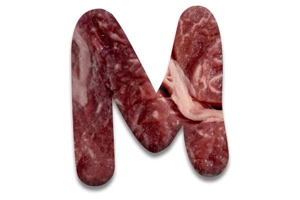 La letra "m", cuyas letras están dispuestas de la carne real de res de mármol sobre un fondo blanco — Foto de Stock