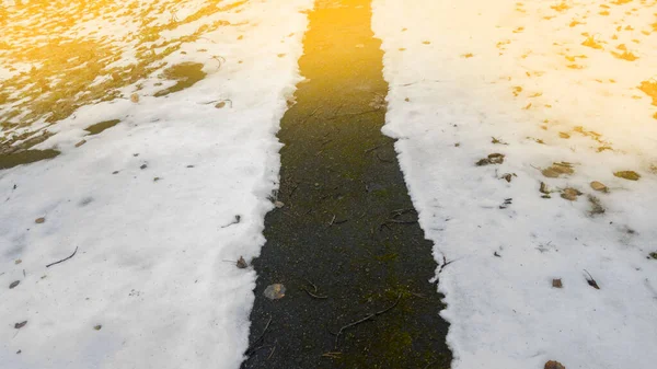 Trilhas de pneus na neve derretida na estrada de asfalto Imagens Royalty-Free