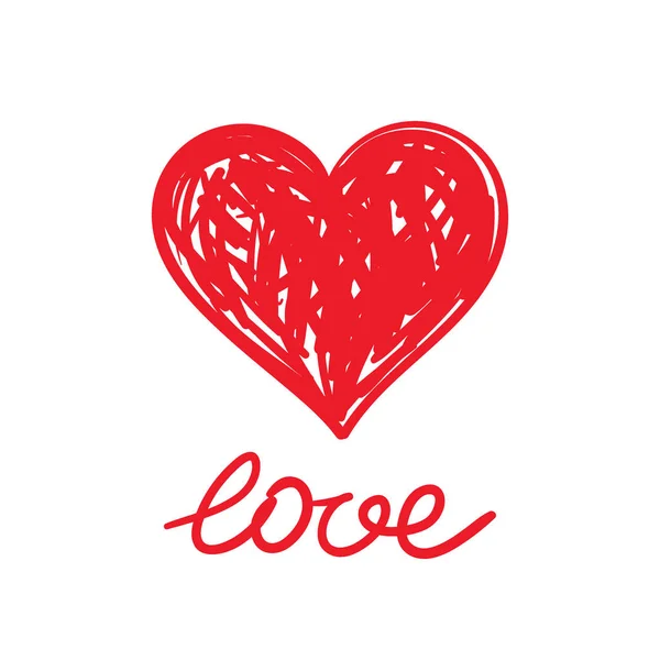 Dibujo corazón rojo pinceladas pintadas con un texto "amor ". — Vector de stock