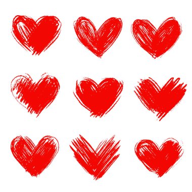 Elle çizilmiş kalpler kümesi. Tasarım öğesi.