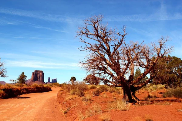 Vista Panorâmica Estrada Areia Mundialmente Famoso Monument Valley Sob Céu — Fotografia de Stock