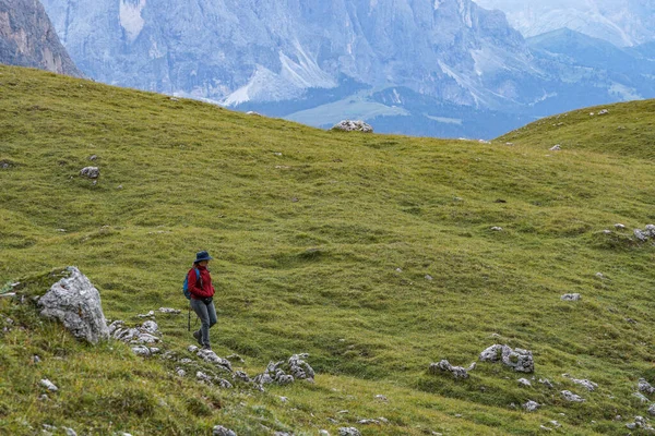 Caminhante Mulher Desportiva Andando Paisagem Alp Verde Sul Tirol Puez — Fotografia de Stock