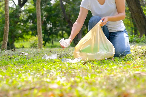 Las Manos Mujer Recogen Las Botellas Como Basura Las Hierbas — Foto de Stock