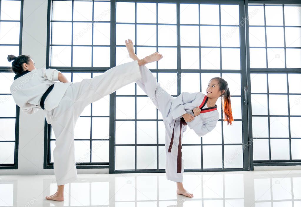 Young teacher of taekwondo and her student is acting of kick posture with white background and pattern.