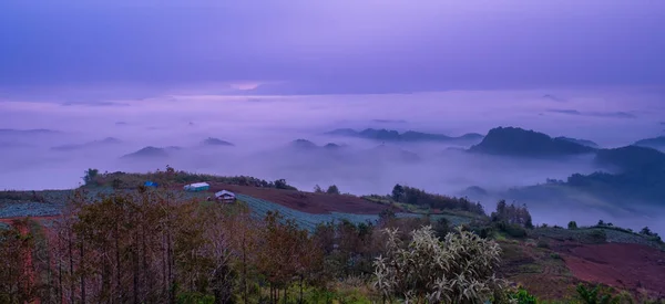 Névoa Nevoeiro Cobrir Camada Várias Montanhas Antes Nascer Sol — Fotografia de Stock