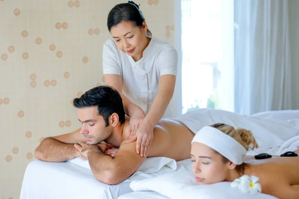 Handsome Man Enjoy Thai Masseuse Massage Him Lie Bed His — Stock Photo, Image