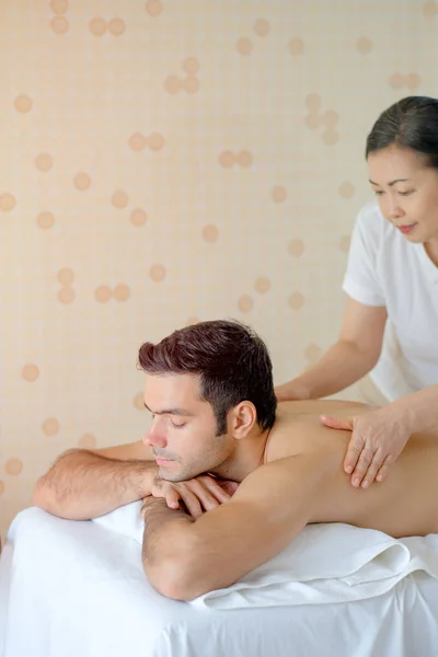 Portrait Handsome Man Enjoy Thai Masseuse Massage Him Lie Bed — 스톡 사진