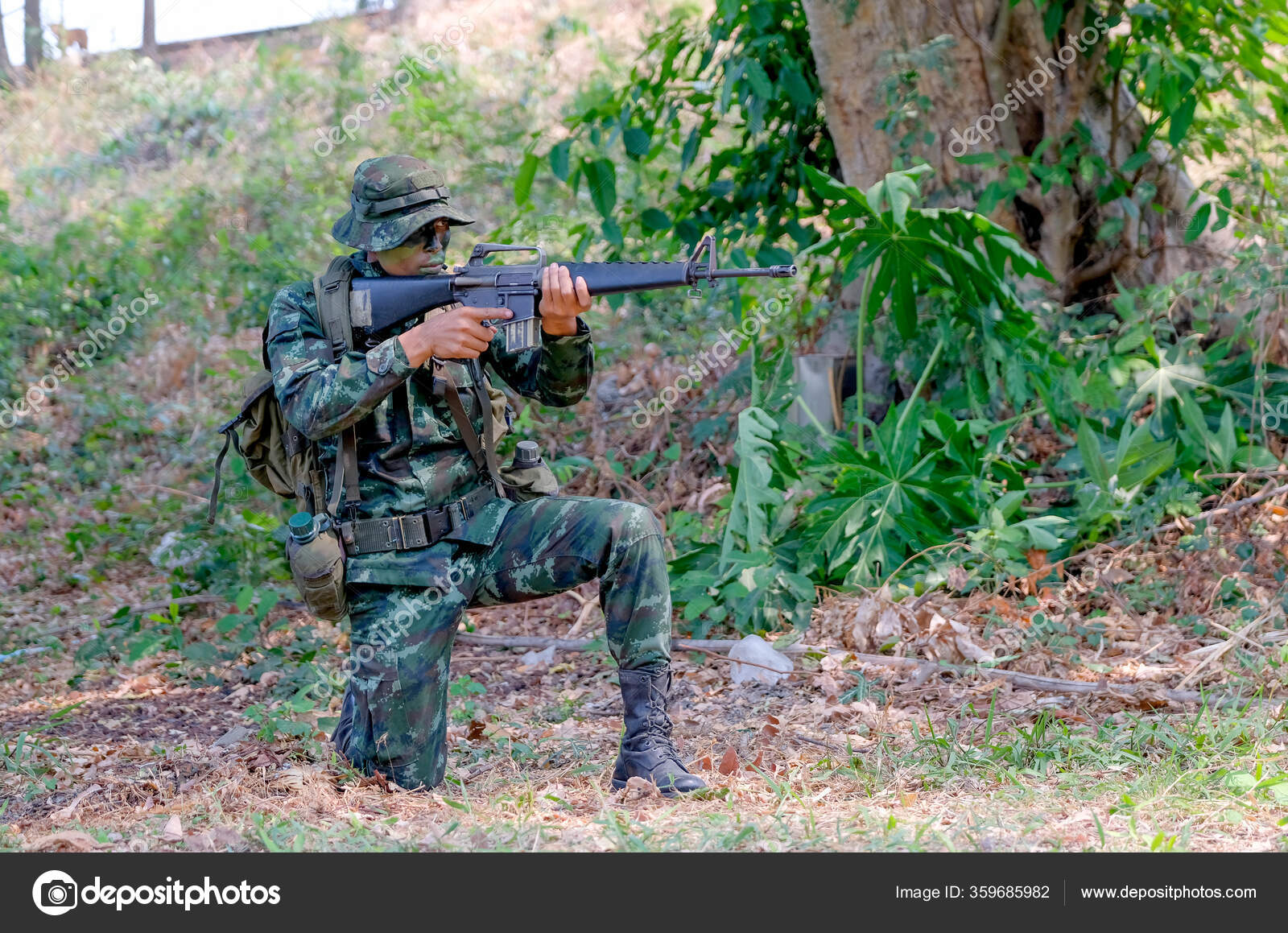 Soldier Man Backpack Point Gun Front Direction Prepare Fight Enemy