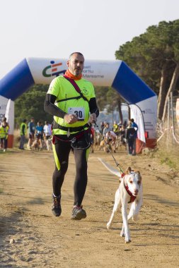 Canicross Entrevinyes yarışına katılan insanlar, 9 Şubat 2020 tarihinde, Alella, Barcelona, İspanya.