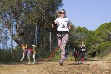 Canicross Entrevinyes yarışına katılan insanlar, 9 Şubat 2020 tarihinde, Alella, Barcelona, İspanya.