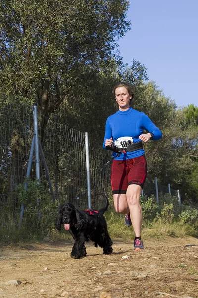 People Participating Canicross Entrevinyes Race February 2020 Alella Barcelona Spain — Stock Photo, Image