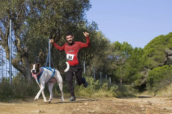 People Participating Canicross Entrevinyes Race February 2020 Alella Barcelona Spain — Stock Photo, Image