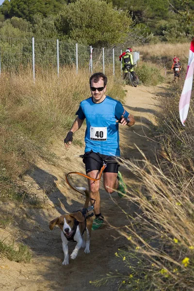 People Participating Canicross Entrevinyes Race February 2020 Alella Barcelona Spain — Stock Photo, Image