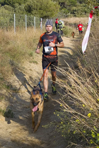 People Participating Canicross Entrevinyes Race February 2020 Alella Barcelona Spain — Stock Photo, Image