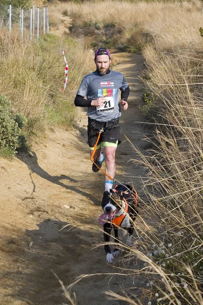 People Participating Canicross Entrevinyes Race February 2020 Alella Barcelona Spain — Stock Photo, Image