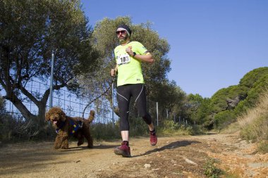 Canicross Entrevinyes yarışına katılan insanlar, 9 Şubat 2020 tarihinde, Alella, Barcelona, İspanya.