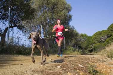 Canicross Entrevinyes yarışına katılan insanlar, 9 Şubat 2020 tarihinde, Alella, Barcelona, İspanya.