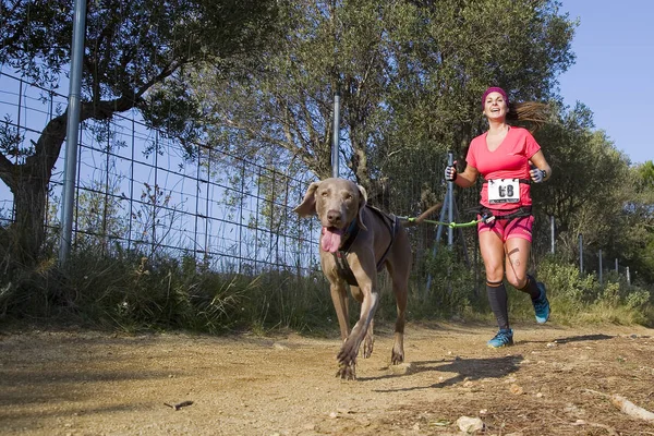 People Participating Canicross Entrevinyes Race February 2020 Alella Barcelona Spain — Stock Photo, Image