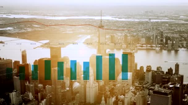 Panorama města s obchodní grafy — Stock video