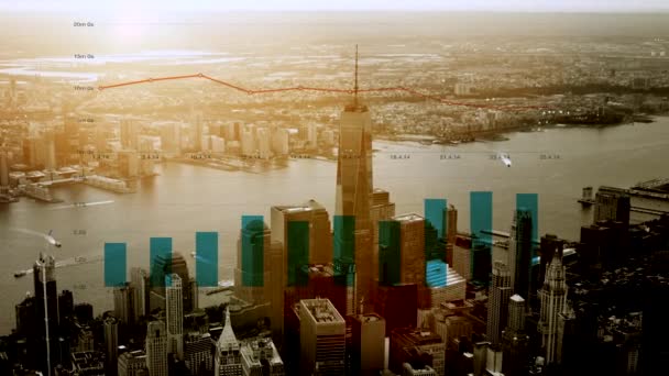 Skyline de la ciudad con gráficos de negocios — Vídeo de stock