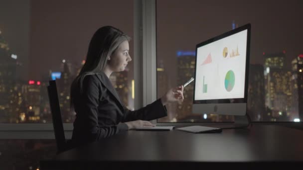 Mujer de negocios trabajando en la computadora en el escritorio — Vídeos de Stock