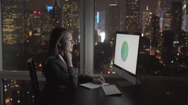 Mujer de negocios trabajando en la computadora en el escritorio — Vídeo de stock