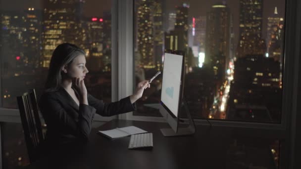 Mujer de negocios trabajando en la computadora en el escritorio — Vídeo de stock