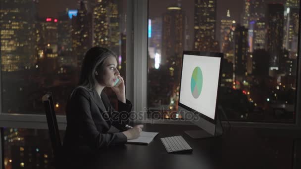 Mujer de negocios trabajando en la computadora y hablando en el teléfono móvil — Vídeos de Stock