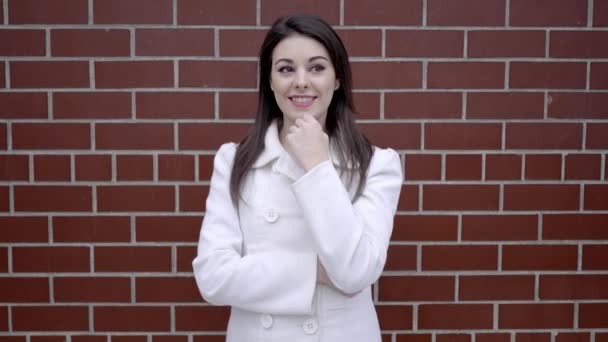 Taş duvarın önünde duran çekici kadın — Stok video
