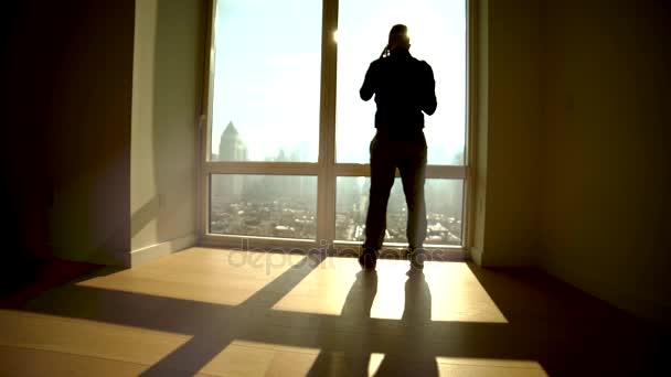 Silhouette of person talking on the phone in office — Stock Video