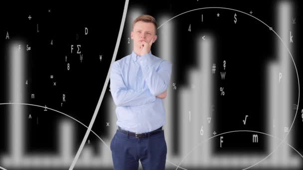 Бізнесмен аналізує віртуальні номери потоку даних — стокове відео