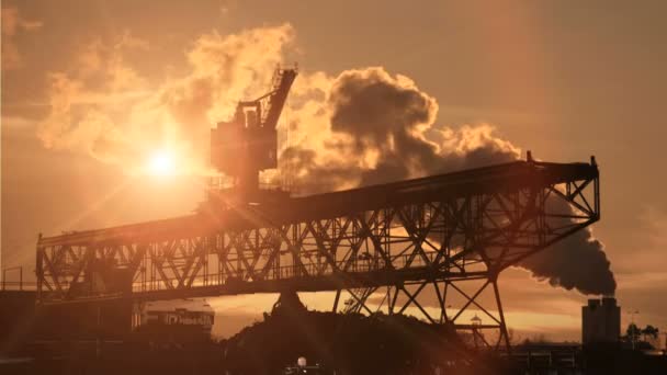 Grue travaillant sur site industriel au coucher du soleil — Video