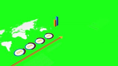 Animasyon satış verileri gösteren mali iş ağı, beyaz dünya harita Isolated yeşil ekran arka planı üzerinde çizelgeleri