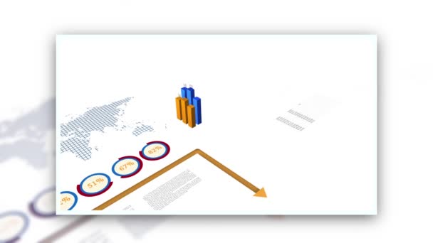 彩色动画销售数据图表显示金融业务网络 黑色世界地图在框架上的白色背景 — 图库视频影像