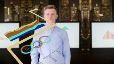 Modern şehir ofiste ayakta girişimci finans satış analiz grafikleri diyagramlar monitörler arka plan üzerinde kar