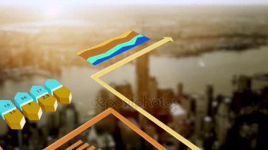 Animasyonlu mali grafik grafikler diyagramı küresel iş kar ağ ilerleme, Kentsel şehir manzarası metropolis arka plan üzerinde gösterilen satış verilerini istatistik