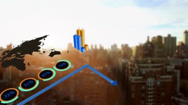 Animasyonlu mali grafik grafikler diyagramı küresel iş kar ağ ilerleme, Kentsel şehir manzarası metropolis arka plan üzerinde gösterilen satış verilerini istatistik