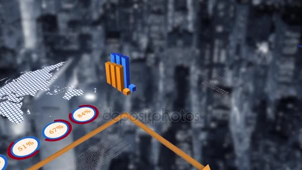 ネットワークの進行状況 背景に都市スカイライン都市グローバル ビジネスの利益を示す売上データに関する統計の金融グラフィック チャート図をアニメーション化 — ストック動画