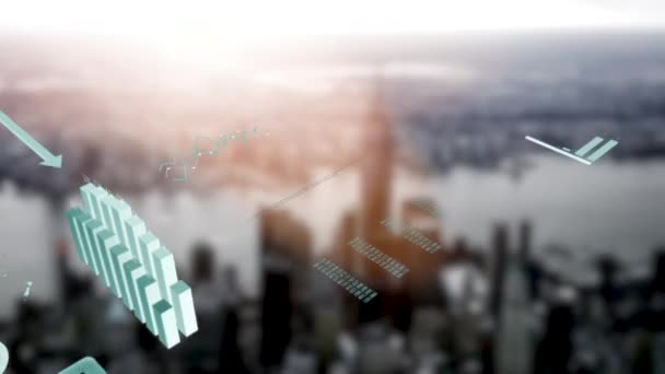 Diagramme graphique financier animé des statistiques de données sur les ventes montrant les progrès du réseau mondial de profits des entreprises, métropole urbaine skyline sur fond 