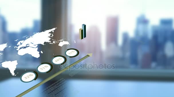 动画财务图表图表销售数据统计和计算机监控屏幕桌面视图在现代城市办公室 男性手打字键盘上的背景 — 图库视频影像