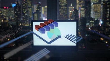 Mali satış veri grafikleri diyagramları, küresel iş ağ gece şehir arka plan üzerinde gösterilen grafik animasyon