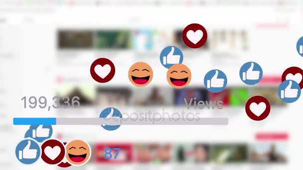社交媒体图标微笑 拇指和心动画计数在模糊的背景 — 图库视频影像