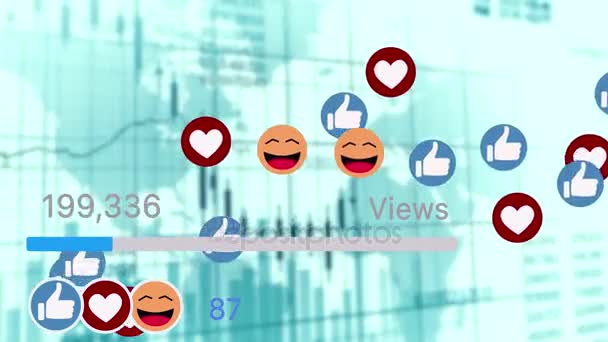 Iconos Redes Sociales Sonrisas Pulgares Animaciones Corazones Contando Fondo Del — Vídeos de Stock