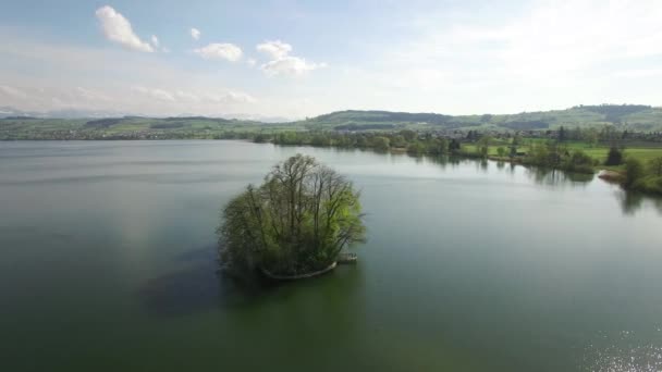 Aerial View Amazing Rounded Island Lake Sunny Day — Stock Video