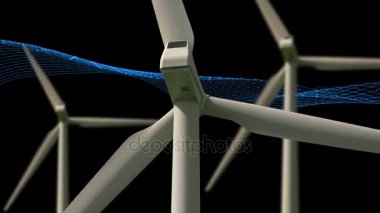 koyu arka plan üzerinde video efektleri ile dönüm Rüzgar türbinleri