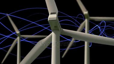 koyu arka plan üzerinde video efektleri ile dönüm Rüzgar türbinleri